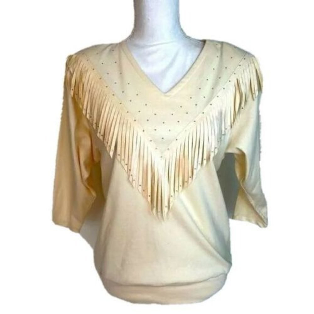 Pandamonium Fringe Top Womens Vintage Peach Crystal Embellished Shoulder Pads